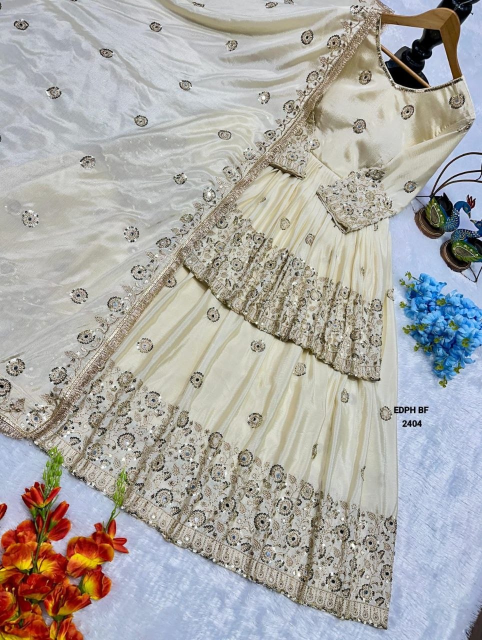 Gold Embroidery Cream Lehenga